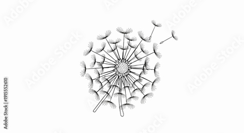 Close-up line art of a dandelion clock with seeds dispersing in the wind