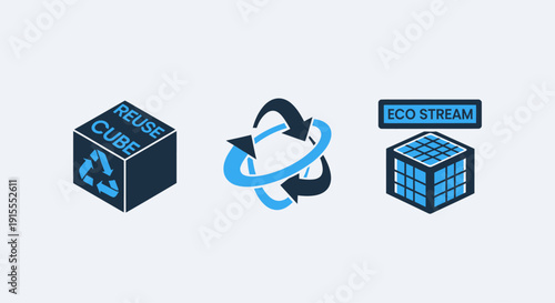 Eco-friendly symbols: Reuse cube, circular arrows, and eco stream grid for recycling and sustainability concepts.