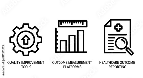 Line art icons for quality improvement tools, outcome measurement platforms, and healthcare outcome reporting, representing data analysis and medical progress.