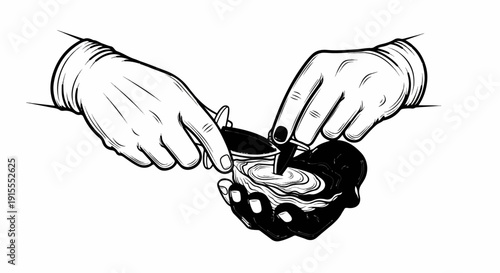 Close-up illustration of hands opening an oyster with a knife against a white background