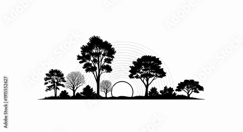 Black silhouette of diverse trees against a white background with subtle concentric arcs