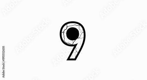 Black number nine with cracks and a black circle in its center