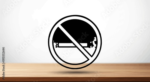 Black no smoking symbol with a cigarette on a white background above a wooden surface