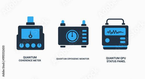 Modern icons depicting quantum computing devices: coherence meter, cryogenic monitor, and QPU status panel for advanced technology and research.