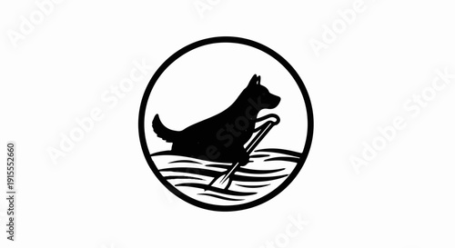Black silhouette of dog paddling a boat inside a circle