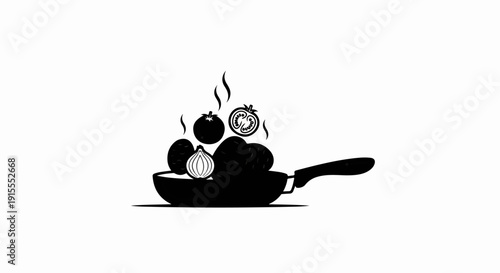 Black silhouette of food cooking in a pan, with steam rising