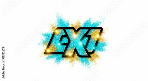 Bold black lettering with glowing turquoise and gold particles