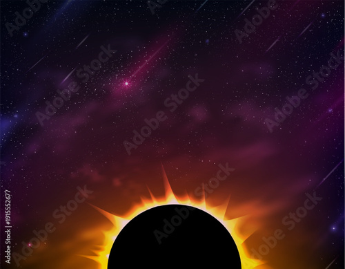 Solar eclipse with glowing corona rising over cosmic horizon, vibrant galaxy sky filled with stars and meteors, dramatic space background symbolizing astronomy, universe mystery and celestial energy
