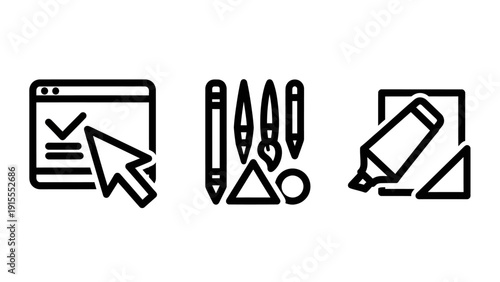 Creative process icons: online checklist, art supplies, and marker drawing, representing design and ideation.