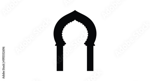 A striking black silhouette of a Moorish archway or gateway stands prominently against a stark white background showcasing intricate detail