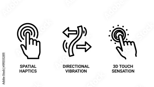 Set of icons representing haptic feedback, directional vibration, and 3D touch sensation for user interface design, technology, and interaction.