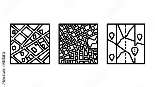 Abstract line art icons depicting city maps, urban layouts, and navigation points, suggesting travel, location, or urban planning.