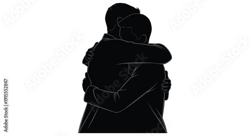 Two individuals embracing in a heartfelt hug depicted in a minimalist black and white silhouette style conveying intimacy and connection