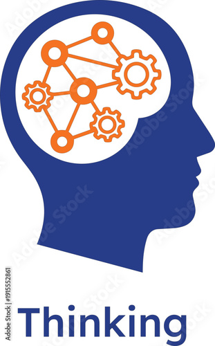 Professional vector icon of a blue human head silhouette with an orange internal network of nodes and gears, representing strategic thinking, analytical logic, and cognitive processing.