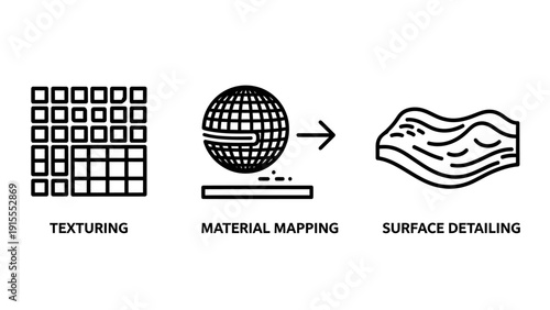 Icons demonstrating texturing, material mapping, and surface detailing for 3D modeling, computer graphics, and digital design.
