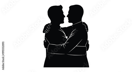 Two men embracing in a close affectionate hug depicted as a striking black silhouette against a bright white background