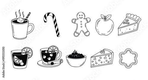 Assorted drawings of festive treats and holiday-themed items Vector