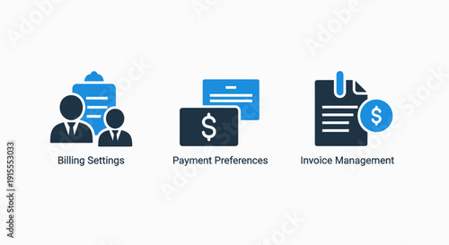 Set of 3 modern flat icons for business and finance: billing settings, payment preferences, invoice management. Simple vector illustrations in blue and dark blue.