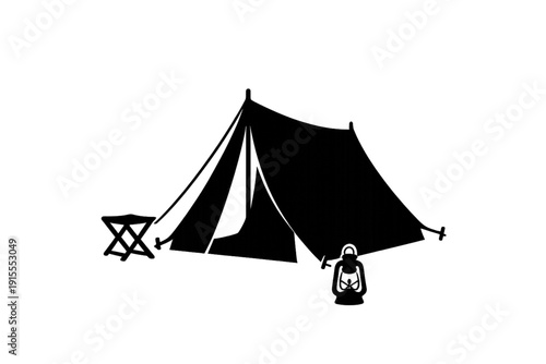 Minimalist Camping Night Silhouette: Black Tent and White Kerosene Lantern Icon Shining Brightly in the Darkness, Symbolizing Adventure, Survival, and Wilderness Exploration.