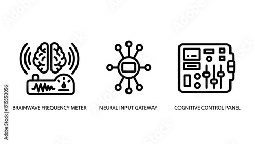 Icons for neuroscience and technology: brainwave frequency meter, neural input gateway, cognitive control panel. Modern line art icons for AI, brain research, and data.