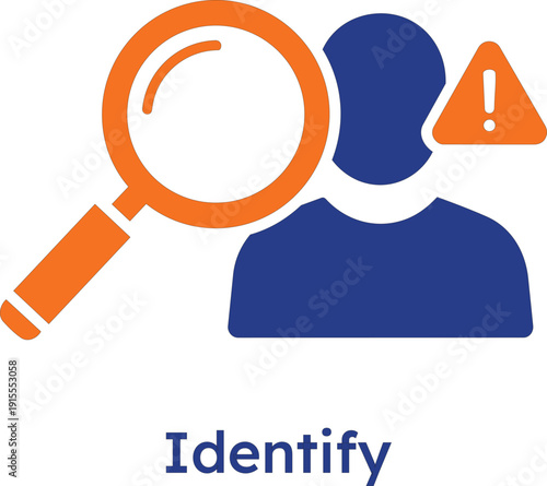 Professional vector icon featuring an orange magnifying glass inspecting a blue user silhouette next to an orange warning alert symbol, representing risk identification, user verification, and securit