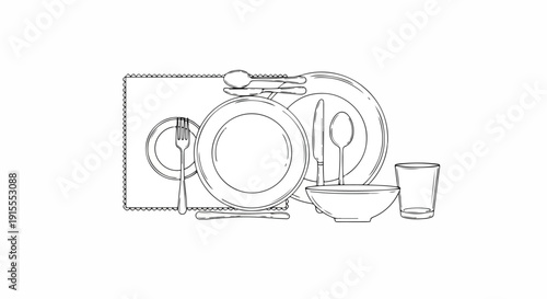 Tableau sur toile A drawing of a set of white dishes including a bowl, a cup, and a plate