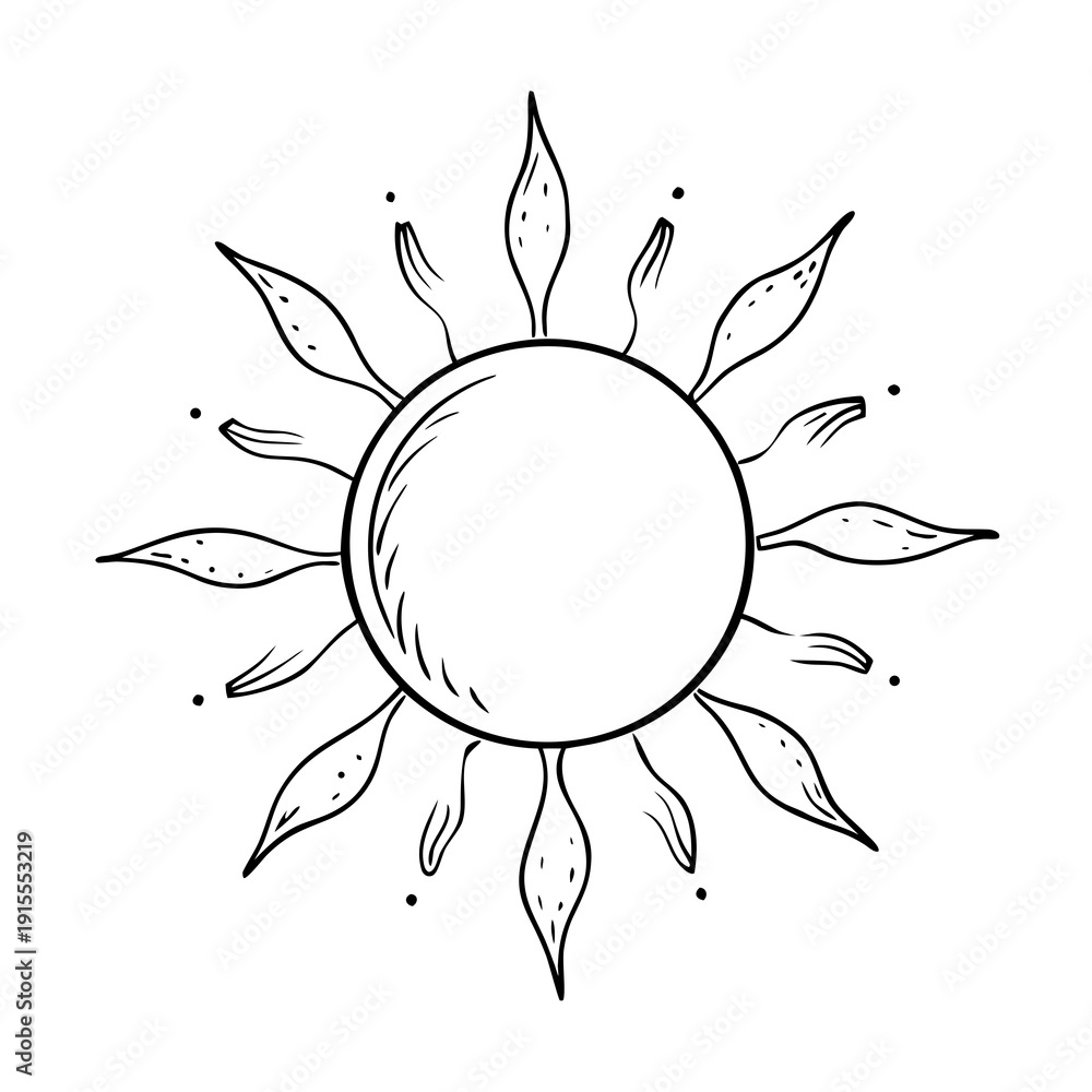 Fototapeta premium Pencil drawing of the sun with petals, minimalistic and symbolic, black and white style, for tattoos and logos