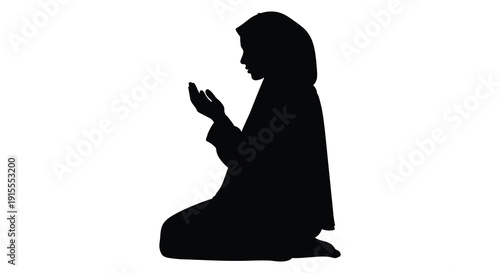 A black silhouette depicts a woman in modest clothing kneeling with hands raised in prayer against a stark white background
