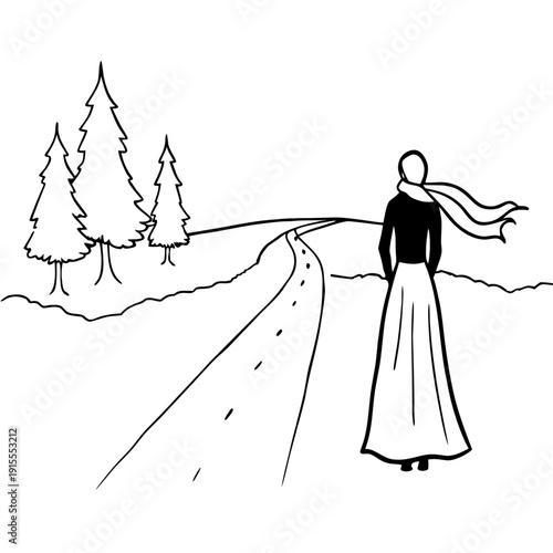 A lonely woman by a forest road, looking hopefully into the distance among tall pines, symbolizing patience and faith, minimalistic black-and-white vector illustration in sketch style