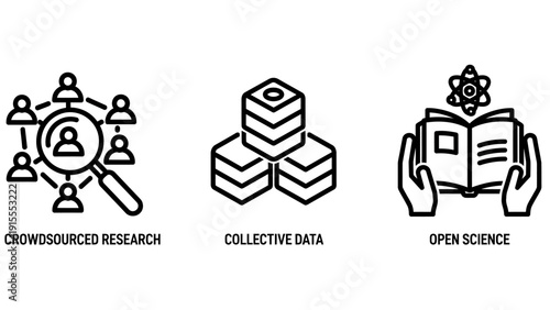 Collection of modern line icons representing crowdsourced research, collective data, and open science concepts on a white background