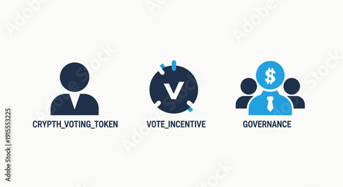 Modern icons depicting cryptocurrency voting token, vote incentive, and governance in business and digital platforms