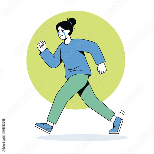Concept of emotional breakdown, escaping trauma, or urgent mental health crisis. A character fleeing from a painful situation. Ideal for crisis intervention and therapy resources.