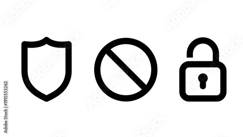 Simple line icons representing security shield, prohibition sign, and unlocked padlock for safety and access concepts