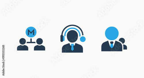 Icons illustrate team hierarchy, manager role with 'M' symbol, and customer support headset for business organization