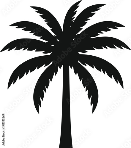 Palm tree silhouette, tropical plant icon, summer vacation symbol, beach nature design, exotic island graphic, black vector illustration, minimalist botanical art