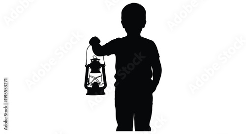 A dark silhouette of a young boy holding an old fashioned lantern against a bright white background silhouette high quality