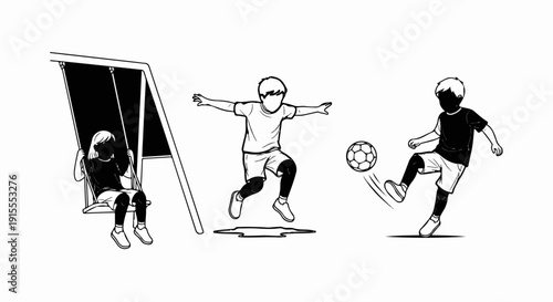 Children playing on a swing and kicking a soccer ball outdoors