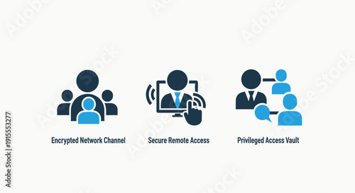 Cybersecurity and Network Security Icons: Encrypted Channel, Secure Remote Access, and Privileged Access Vault for Digital Protection