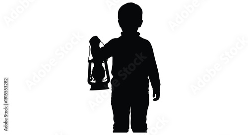 A solitary figure a young person holding a lantern stands against a stark white background creating a striking visual silhouette
