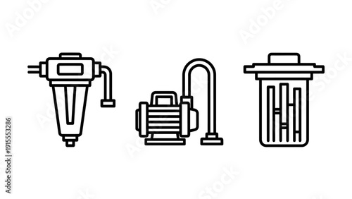 Industrial Filtration and Pumping Equipment Icons: Water Filter, Fluid Pump, and Debris Grate for Manufacturing and Utility Systems