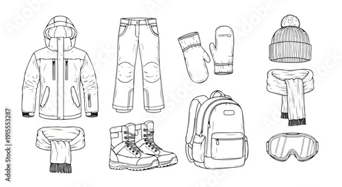 A collection of outdoor gear and clothing essentials for adventurers Vector