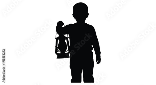 A black silhouette depicts a young boy holding a lantern in one hand standing against a stark white background creating a dramatic visual