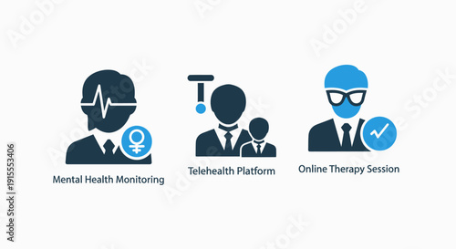 Telehealth Platform and Online Therapy Session Icons: Mental Health Monitoring, Remote Consultations, and Digital Healthcare Solutions.