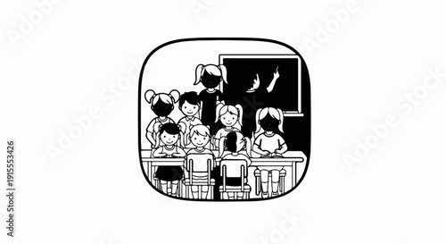 Children learning at desks with a teacher at the blackboard in a classroom