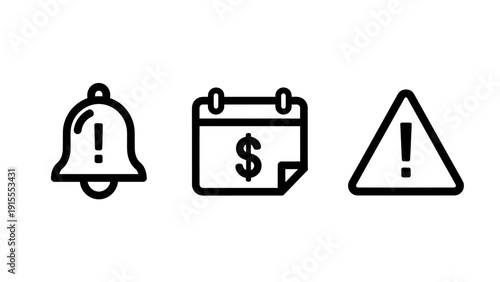 Important Business Notification Icons: Bell Alert, Financial Calendar Deadline, and Critical Warning Symbols.