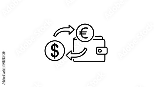 Financial Currency Exchange Icon: Wallet with Dollar and Euro Symbols for International Money Transfer and Global Payments.
