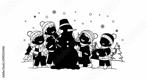 Children in winter hats and scarves build a snowman and play in falling snow