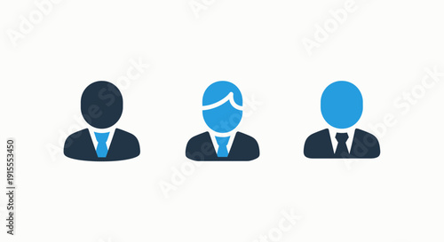 Professional Business People Avatars: Corporate Teamwork and Diverse Staff Member Silhouettes in Blue and Dark Tones.