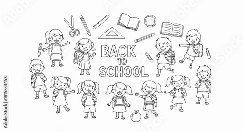 Children gather with school supplies, ready for a new academic adventure