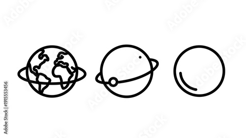 Minimalist Outline Icons of Earth, Planets, and Celestial Bodies with Orbital Rings, Representing Space, Astronomy, and Global Concepts for UI Design and Infographics.